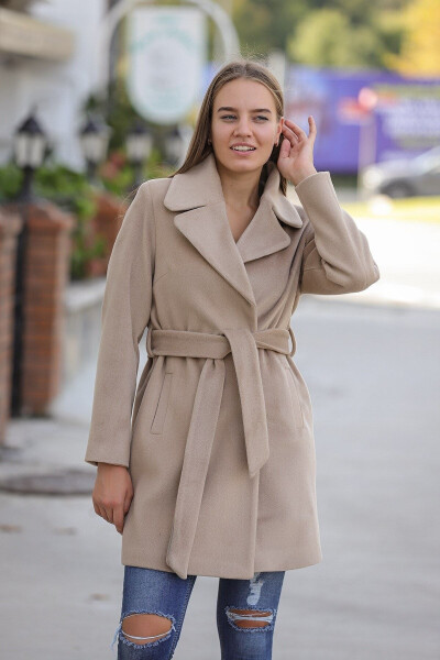 Women's Camel Belt Wide Collar Cashmere Coat - 2