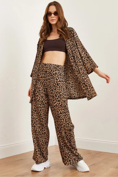 Women's Camel Black Top Jacket Palazzo Leopard Suit TKM-19000310 - OLALOOK