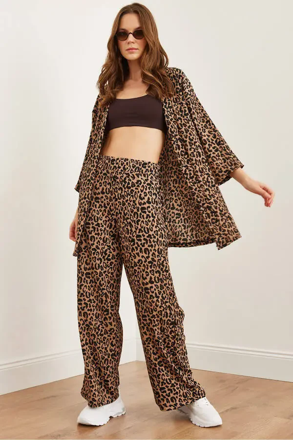 Women's Camel Black Top Jacket Palazzo Leopard Suit TKM-19000310 - 1