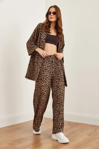 Women's Camel Black Top Jacket Palazzo Leopard Suit TKM-19000310 - OLALOOK (1)