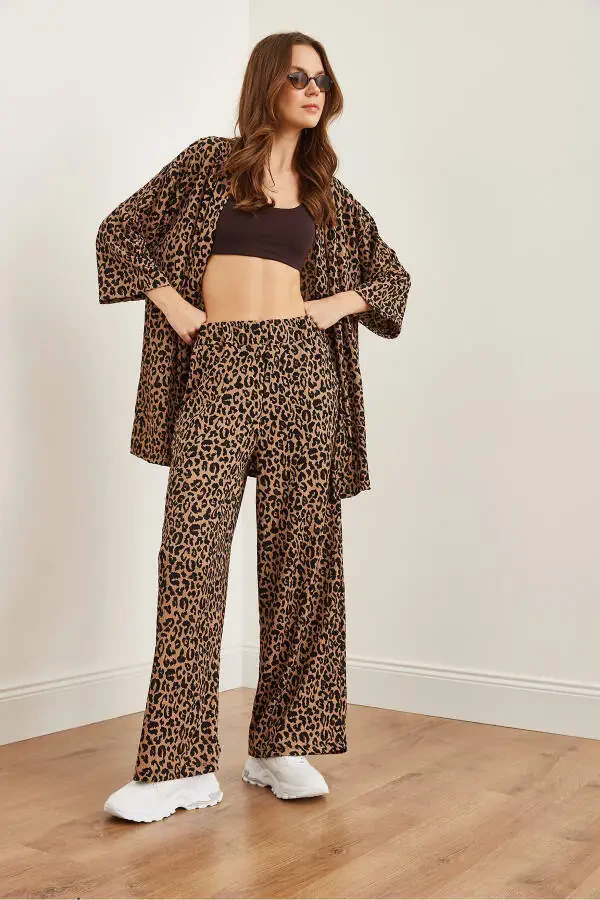 Women's Camel Black Top Jacket Palazzo Leopard Suit TKM-19000310 - 3