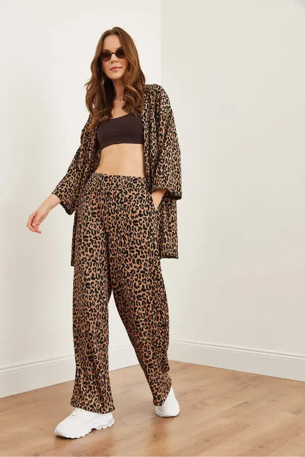 Women's Camel Black Top Jacket Palazzo Leopard Suit TKM-19000310 - 5