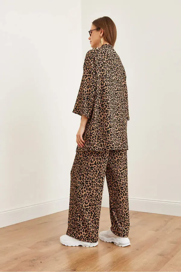 Women's Camel Black Top Jacket Palazzo Leopard Suit TKM-19000310 - 6