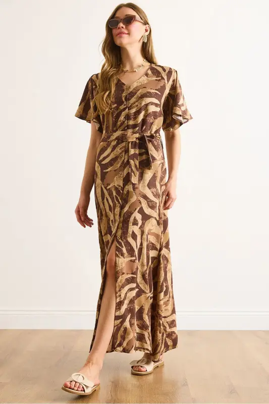 Women's Camel Brown Buttoned Belted Maxi Viscose Shirt Dress ELB-19002382-Camel Brown - 1