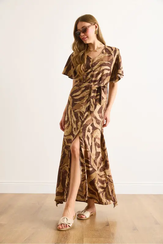 Women's Camel Brown Buttoned Belted Maxi Viscose Shirt Dress ELB-19002382-Camel Brown - 5