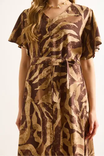 Women's Camel Brown Buttoned Belted Maxi Viscose Shirt Dress ELB-19002382-Camel Brown - 6