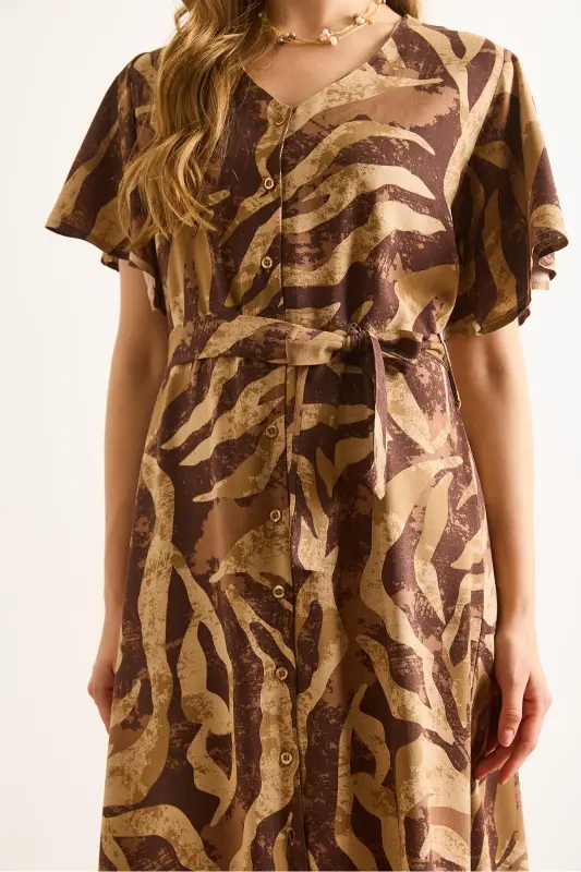 Women's Camel Brown Buttoned Belted Maxi Viscose Shirt Dress ELB-19002382-Camel Brown - 6