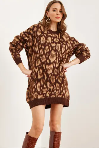 Women's Camel Brushed Oversize Leopard Tunic Dress 