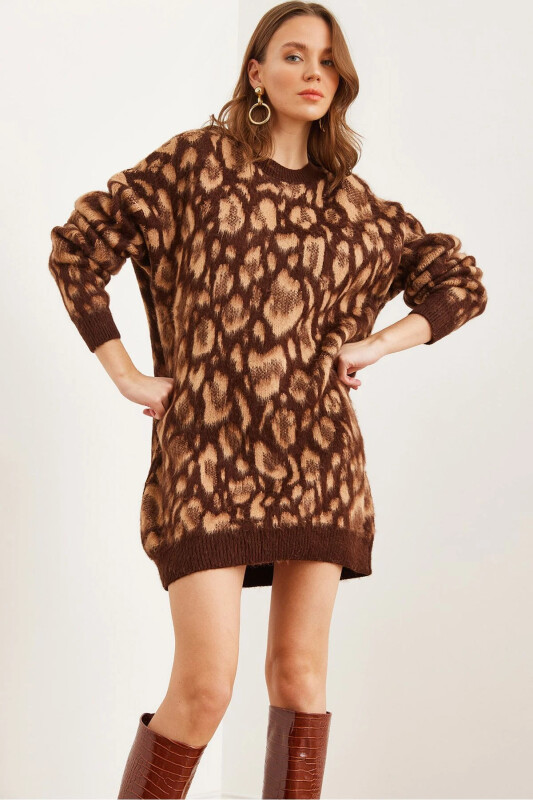 Women's Camel Brushed Oversize Leopard Tunic Dress - 1