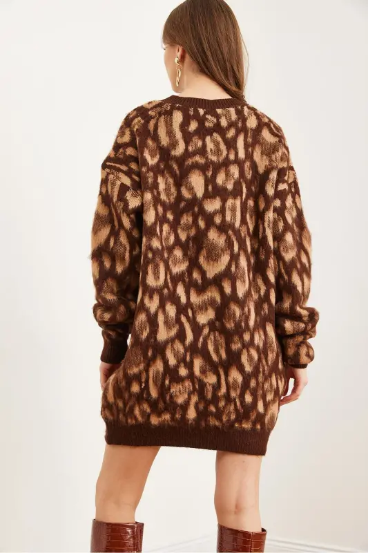 Women's Camel Brushed Oversize Leopard Tunic Dress - 5