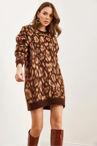 Women's Camel Brushed Oversize Leopard Tunic Dress - 4