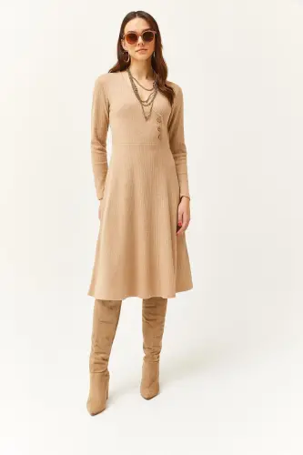 Women's Camel Button Detailed Crossover Midi Flared Dress ELB-19002031-Camel - OLALOOK (1)