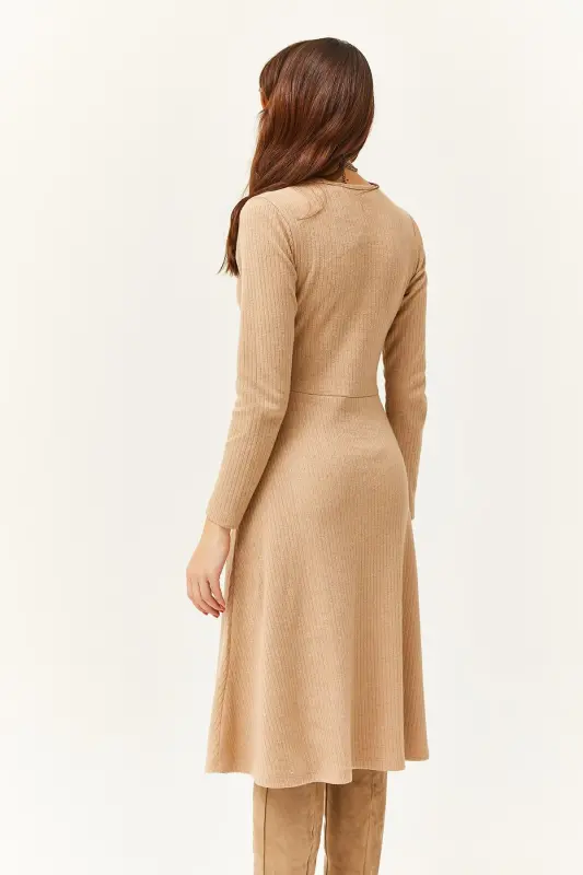 Women's Camel Button Detailed Crossover Midi Flared Dress ELB-19002031-Camel - 5