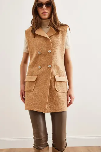 Women's Camel Buttoned Pocket Tweed Vest YLK-19000050-Camel - 5