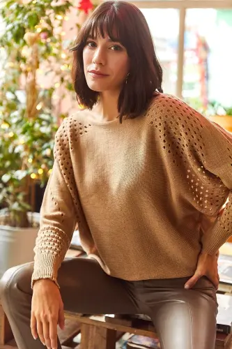 Women's Camel Cable Knit Batwing Oversize Knitwear Sweater-Camel - 3