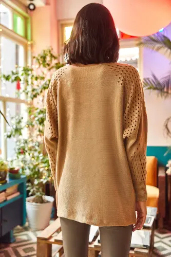 Women's Camel Cable Knit Batwing Oversize Knitwear Sweater-Camel - 5