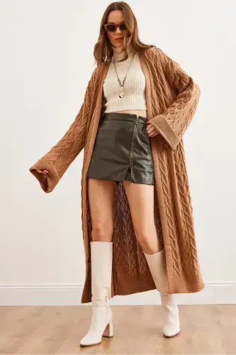 Women's Camel Cable Knit Cuffed Folded Maxi Knit Cardigan HRK-19000327-Camel - 1