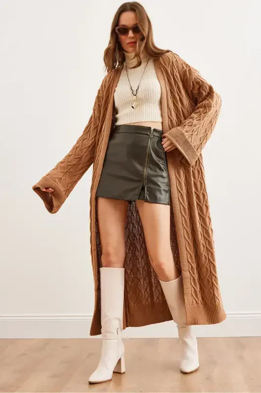 Women's Camel Cable Knit Cuffed Folded Maxi Knit Cardigan HRK-19000327-Camel - 1