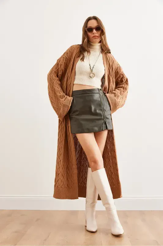 Women's Camel Cable Knit Cuffed Folded Maxi Knit Cardigan HRK-19000327-Camel - 4