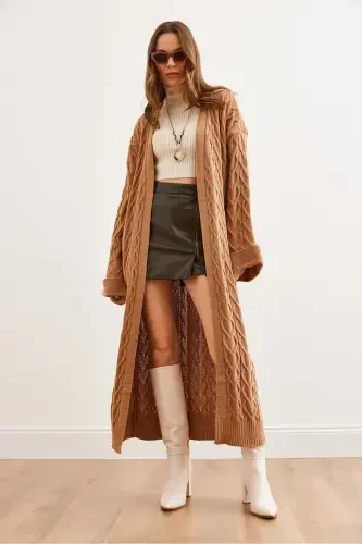 Women's Camel Cable Knit Cuffed Folded Maxi Knit Cardigan HRK-19000327-Camel - 6