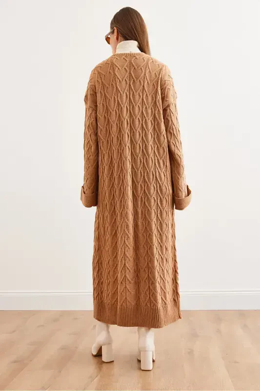 Women's Camel Cable Knit Cuffed Folded Maxi Knit Cardigan HRK-19000327-Camel - 8