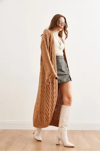 Women's Camel Cable Knit Cuffed Folded Maxi Knit Cardigan HRK-19000327-Camel - 2