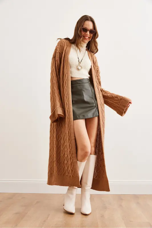 Women's Camel Cable Knit Cuffed Folded Maxi Knit Cardigan HRK-19000327-Camel - 3