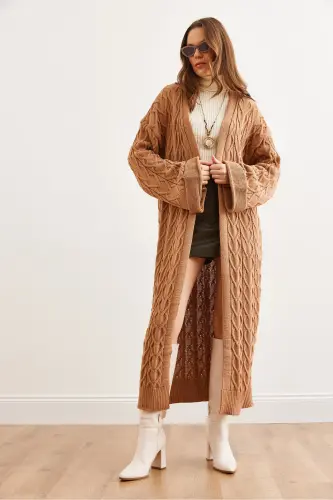 Women's Camel Cable Knit Cuffed Folded Maxi Knit Cardigan HRK-19000327-Camel - 5