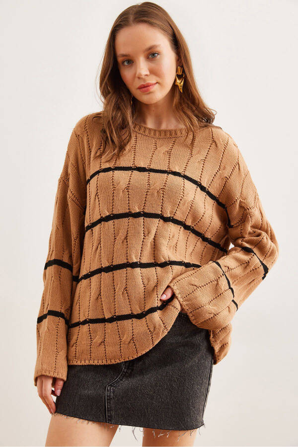 Women's Camel Cable Knit Turtleneck Sweater KZK-19000919 - 1