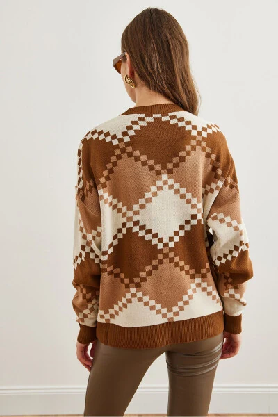 Women's Camel Cashmere Baklava Pattern Oversize Knit Sweater KZK-19000834 - 5