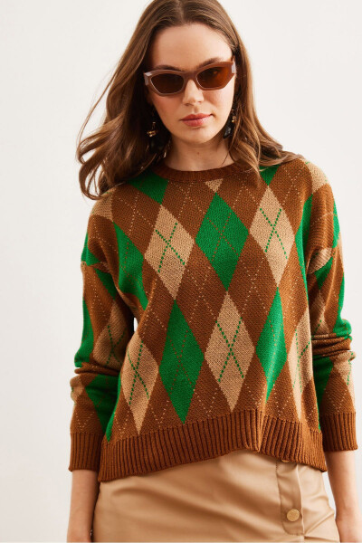 Women's Camel Cashmere Baklava Patterned Crop Knit Sweater KZK-19000910 - 3