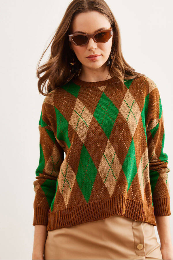 Women's Camel Cashmere Baklava Patterned Crop Knit Sweater KZK-19000910 - 3