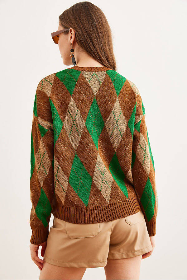 Women's Camel Cashmere Baklava Patterned Crop Knit Sweater KZK-19000910 - 6