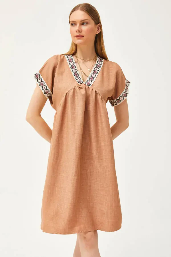 Women's Camel Collar Lace Linen Dress ELB-19002077 - 1