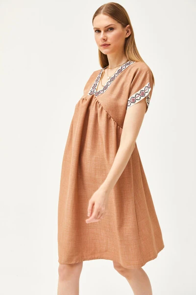 Women's Camel Collar Lace Linen Dress ELB-19002077 - 2