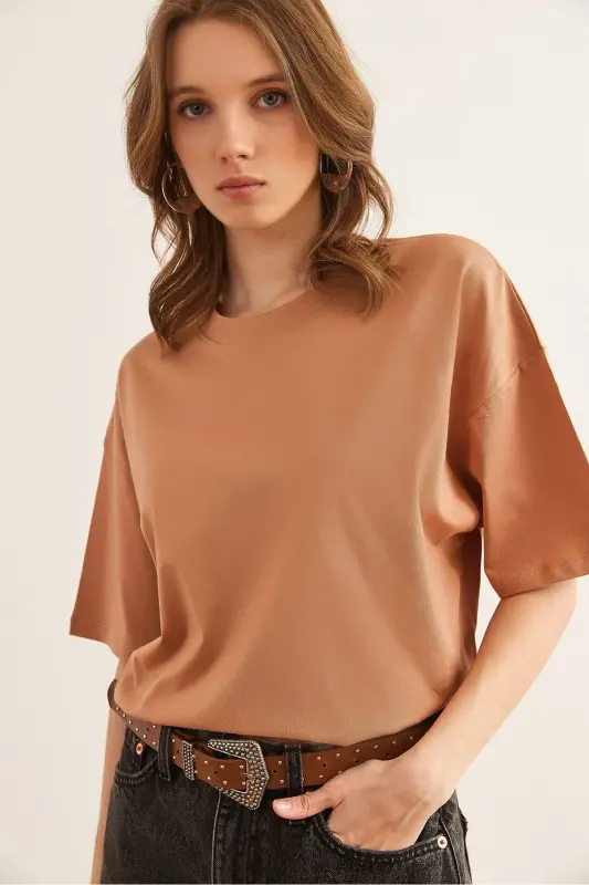 Women's Camel Crew Neck Cotton T-Shirt TSH-1900085 - 1
