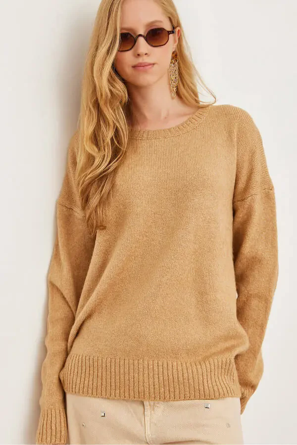 Women's Camel Crewneck Soft Textured Knit Sweater KZK-19000807 - 1
