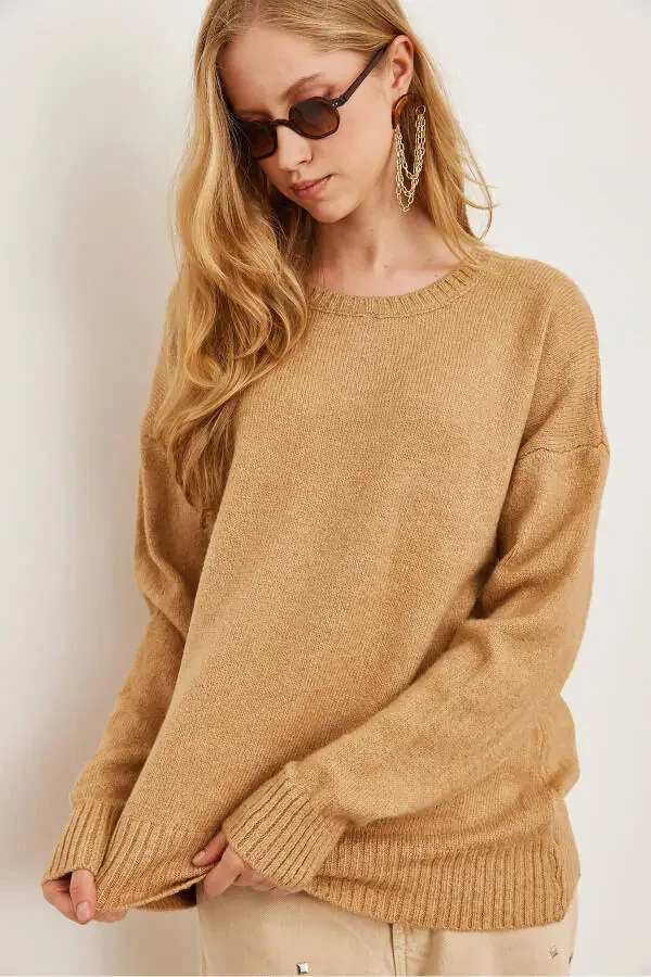 Women's Camel Crewneck Soft Textured Knit Sweater KZK-19000807 - 5
