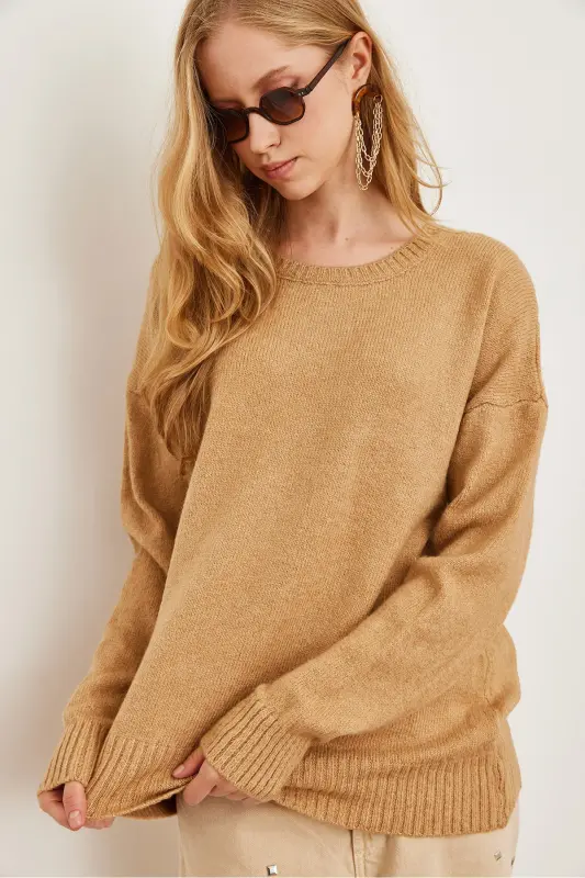 Women's Camel Crewneck Soft Textured Knit Sweater KZK-19000807 - 6