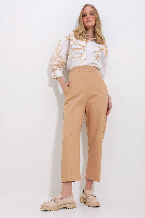 Women's Camel Gabardine Pants with 3 Pockets, Elastic Waist and Front Stitching ALC-X11417 - 1