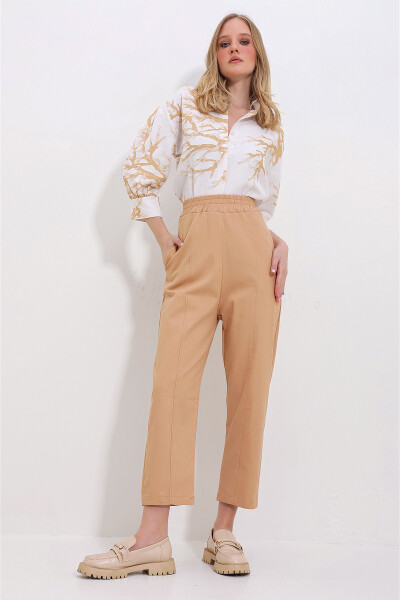 Women's Camel Gabardine Pants with 3 Pockets, Elastic Waist and Front Stitching ALC-X11417 - 2