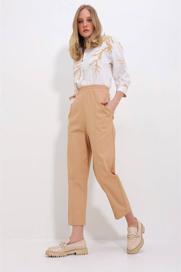 Women's Camel Gabardine Pants with 3 Pockets, Elastic Waist and Front Stitching ALC-X11417 - 3