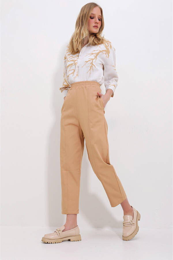 Women's Camel Gabardine Pants with 3 Pockets, Elastic Waist and Front Stitching ALC-X11417 - 4