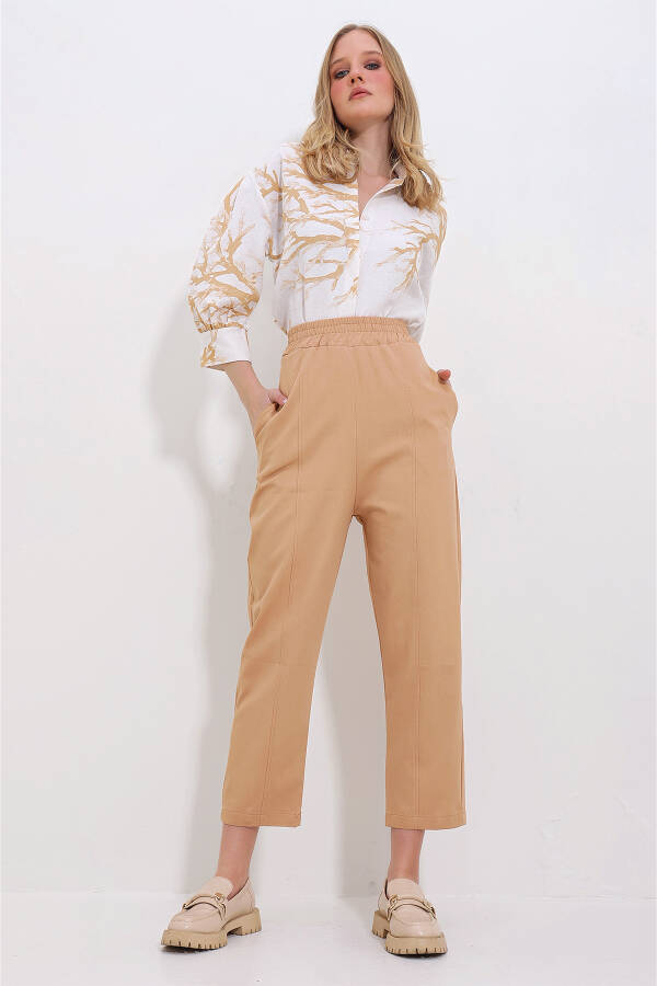 Women's Camel Gabardine Pants with 3 Pockets, Elastic Waist and Front Stitching ALC-X11417 - 5