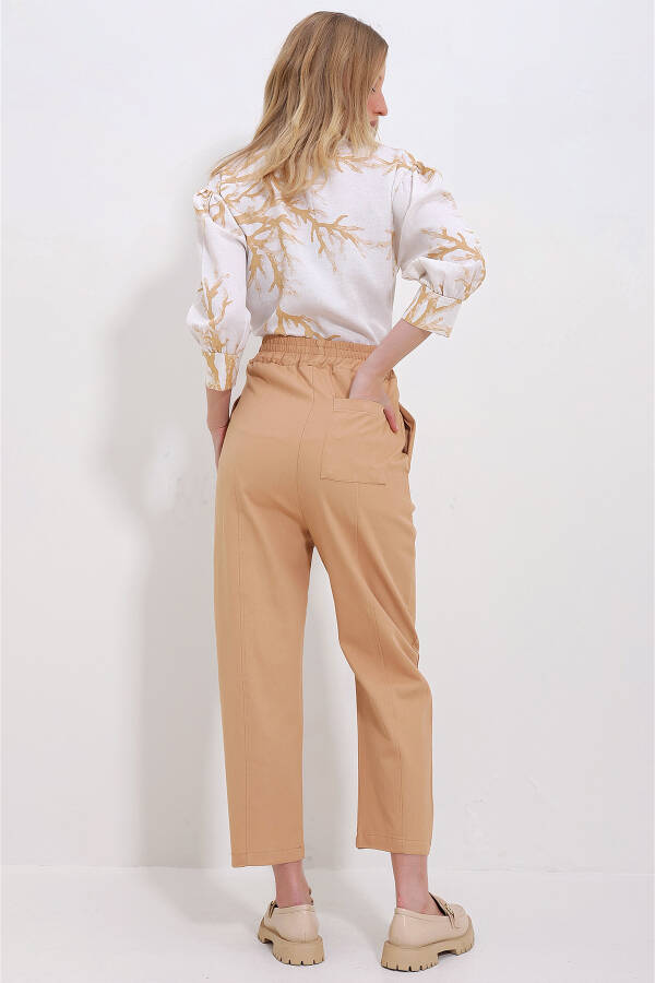 Women's Camel Gabardine Pants with 3 Pockets, Elastic Waist and Front Stitching ALC-X11417 - 6