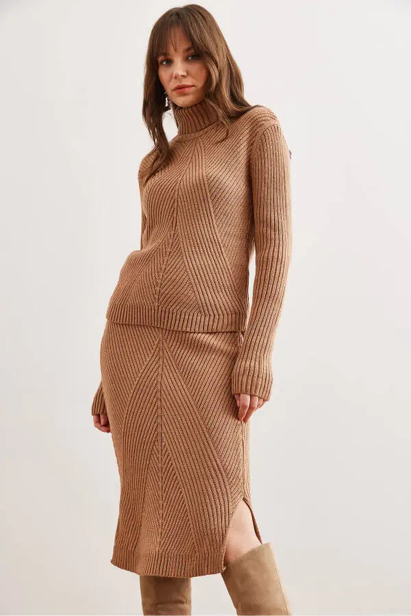 Women's Camel Geometric Textured Skirt and Knitwear Set TKM-19000325 - 3