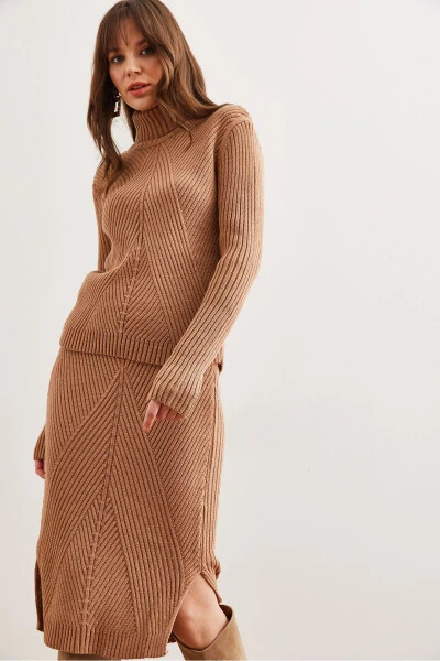 Women's Camel Geometric Textured Skirt and Knitwear Set TKM-19000325 - 4