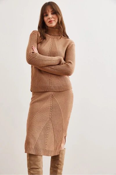 Women's Camel Geometric Textured Skirt and Knitwear Set TKM-19000325 - 5