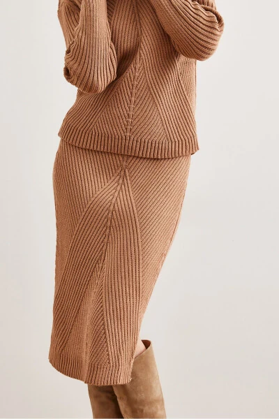 Women's Camel Geometric Textured Skirt and Knitwear Set TKM-19000325 - 6