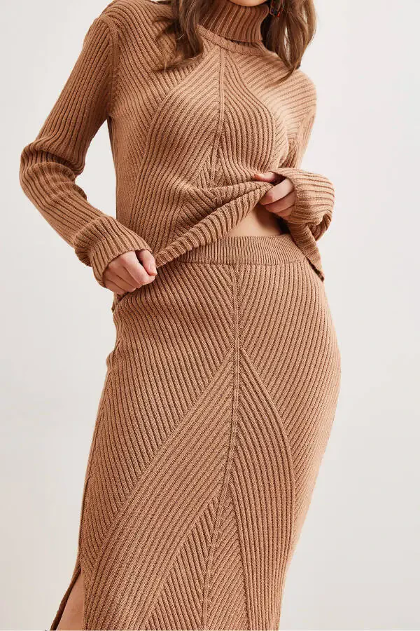 Women's Camel Geometric Textured Skirt and Knitwear Set TKM-19000325 - 7